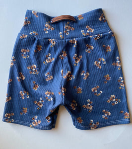 Blue Ribbed Floral Biker Shorts